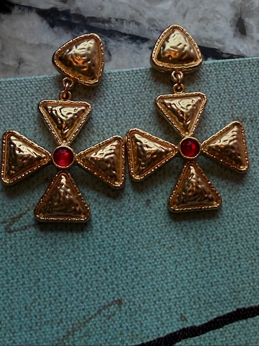 KJL Vintage 22k Plated Maltese Cross Earrings with Red Accent Pierced Original